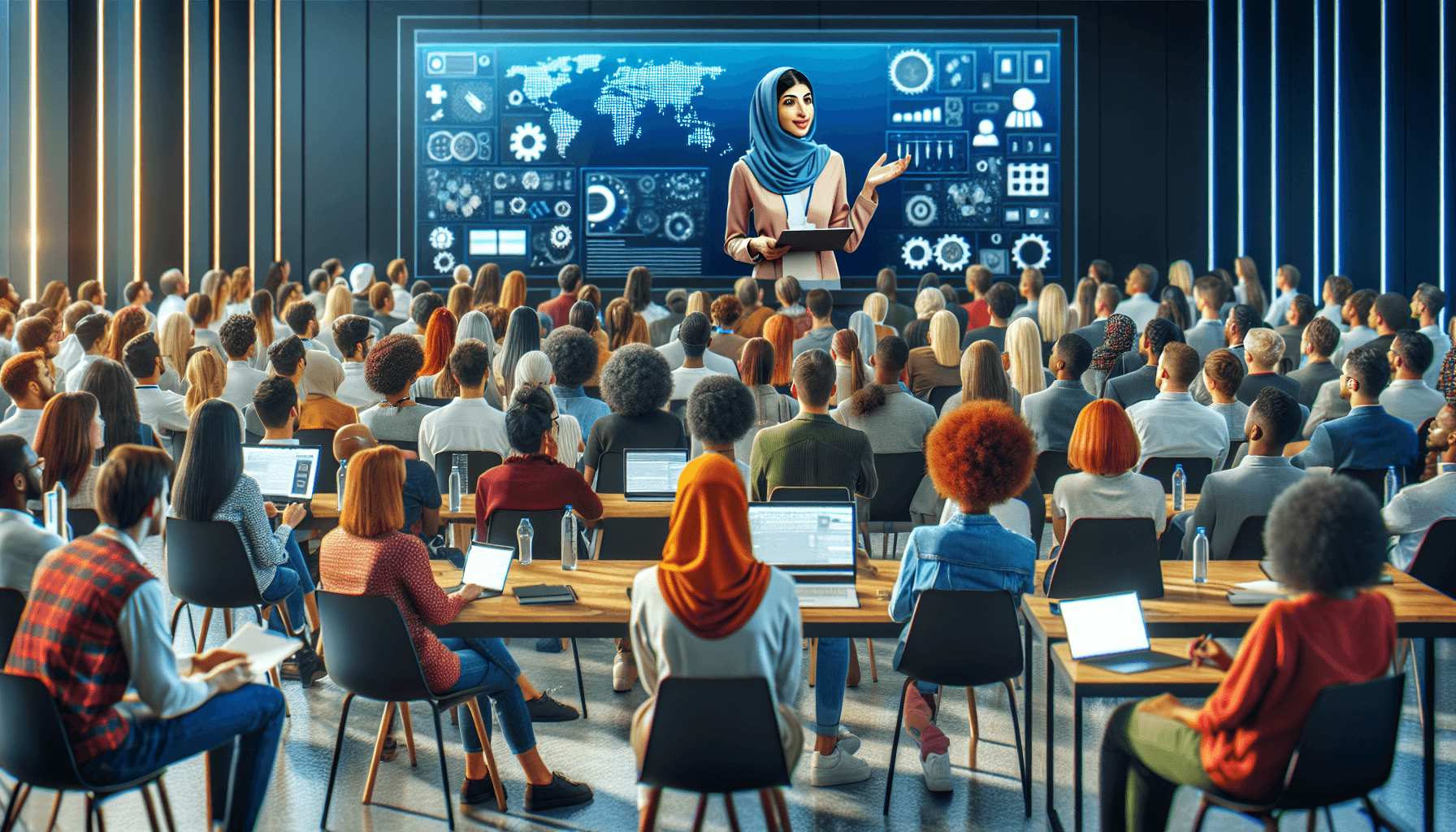 Groupe diversifié à une conférence technologique