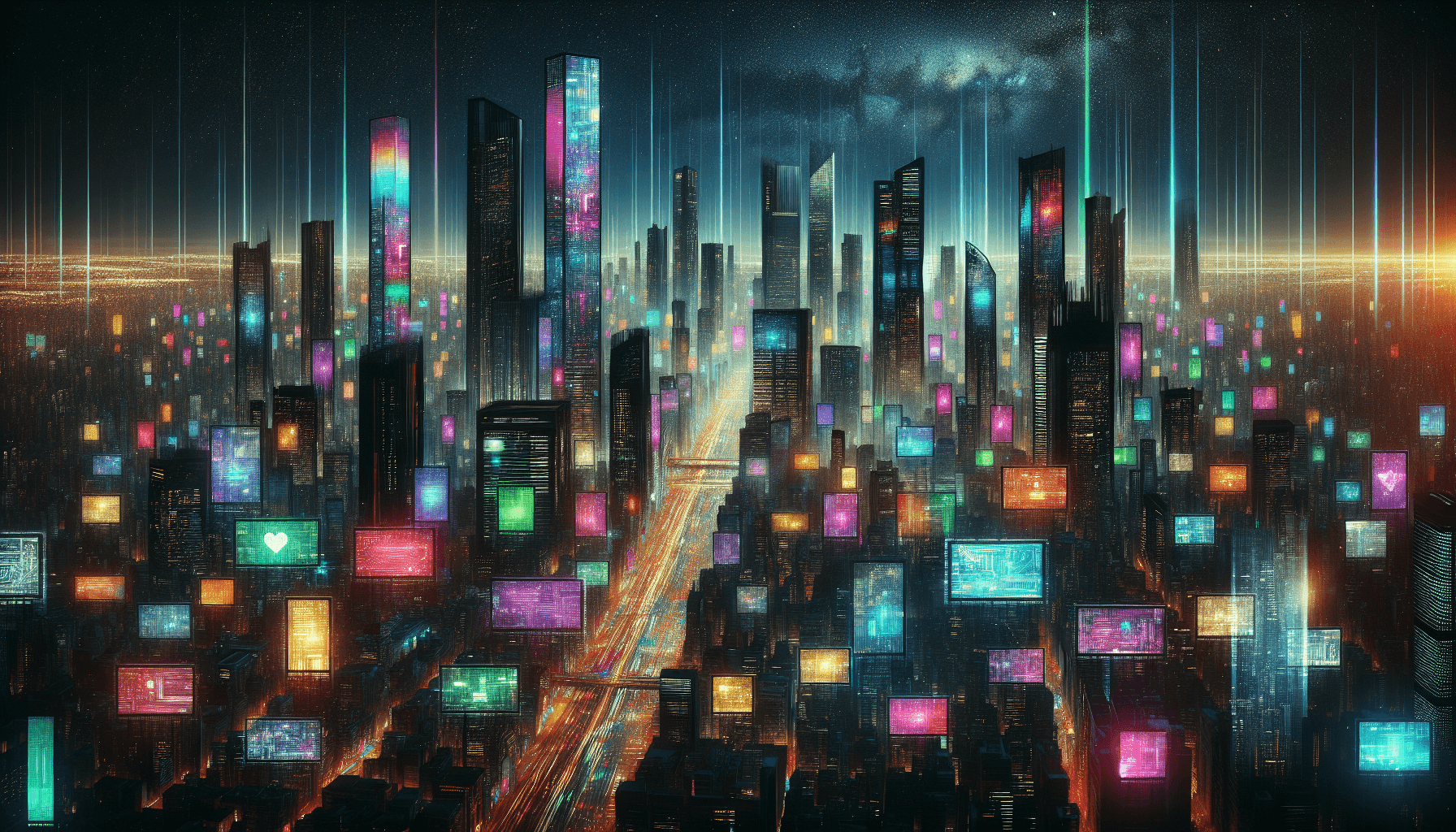 Skyline futuriste avec écrans digitaux